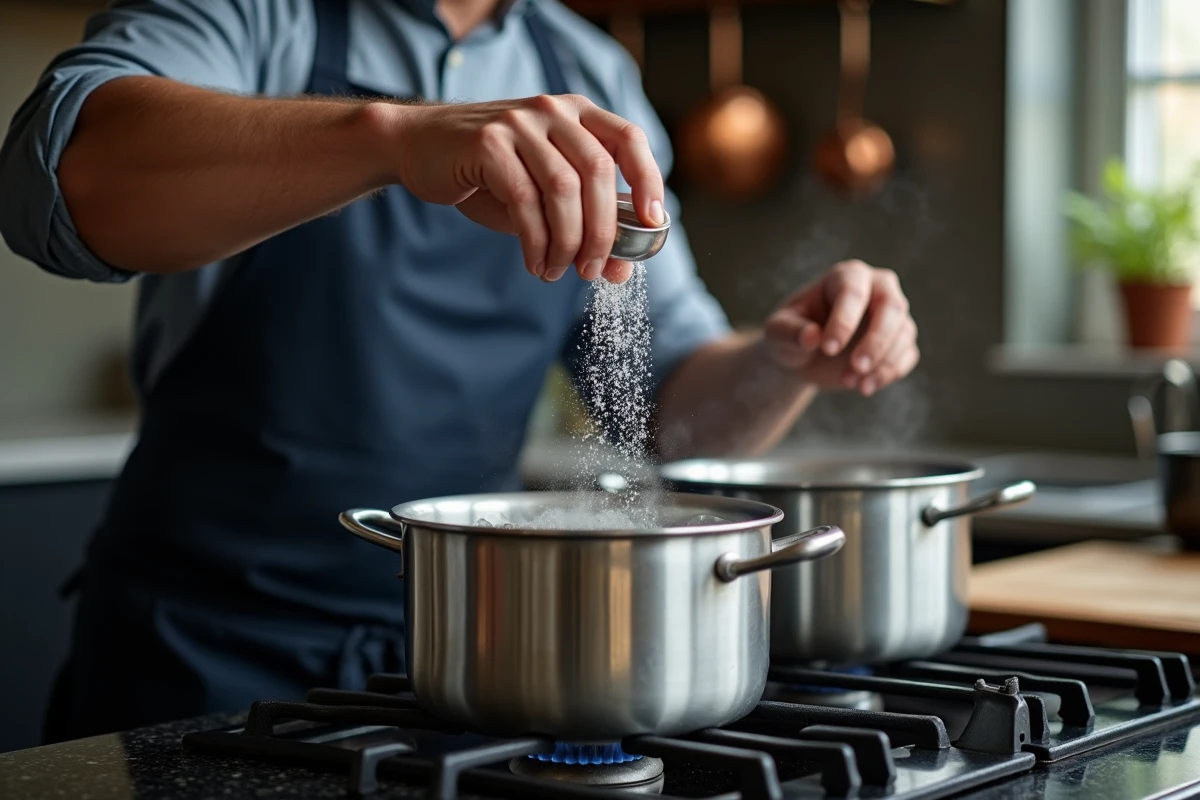 Chef ajoutant du sel dans une grande casserole d'eau bouillante sur une cuisinière professionnelle
