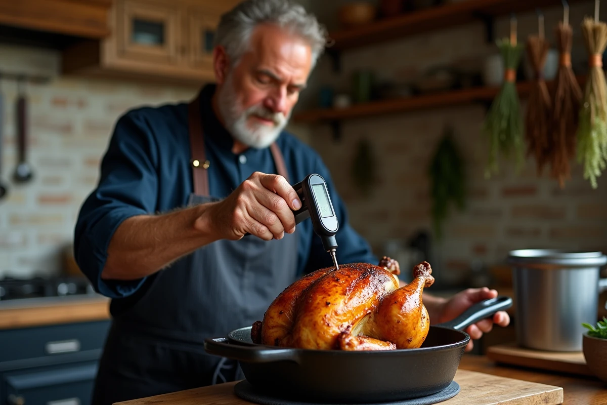 Chef insérant un thermomètre numérique dans la cuisse d'un poulet entier cuit dans une poêle en fonte