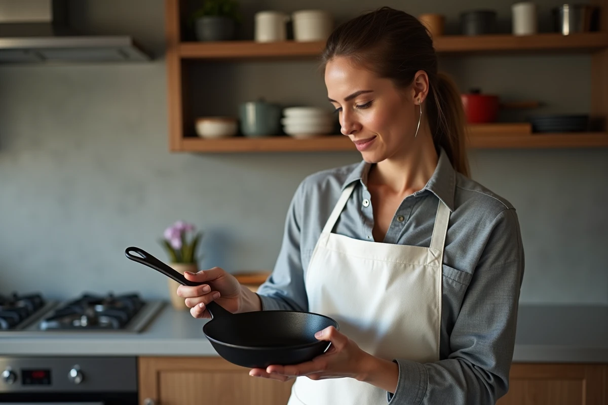Cheffe cuisinière inspectant une poêle en fonte dans une cuisine moderne, évaluant la qualité de la matière