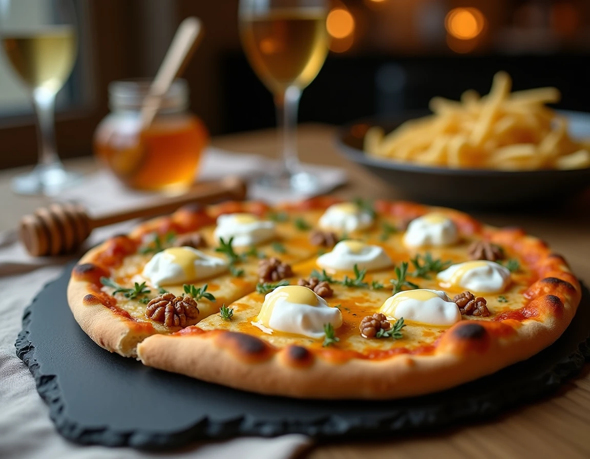 Tranche de pizza au chèvre frais avec un filet de miel doré, noix concassées et thym sur ardoise