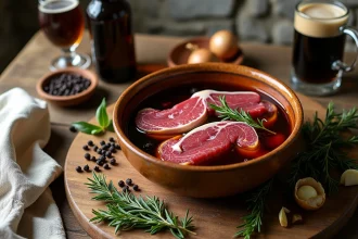 Bol en céramique rustique contenant du chevreuil mariné à la bière brune avec herbes et épices sur bois patiné