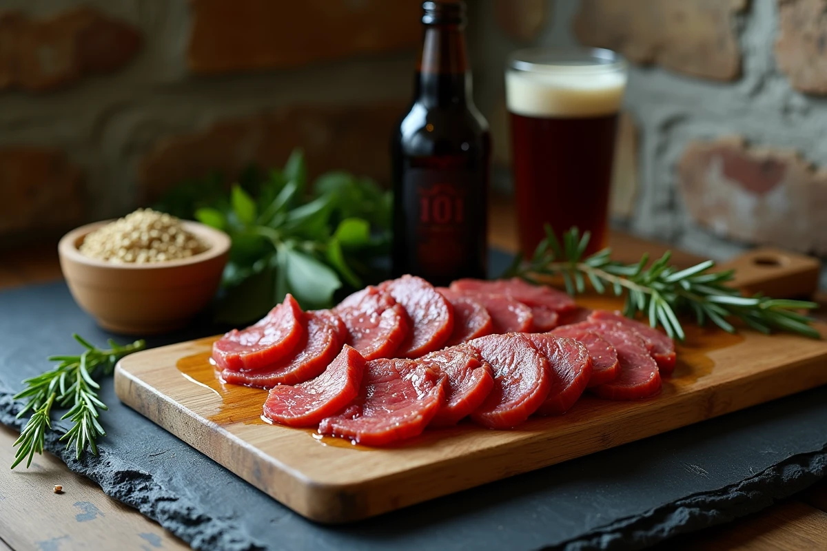 Planche de bois avec chevreuil mariné à la bière brune, moutarde et herbes fraîches sur ardoise