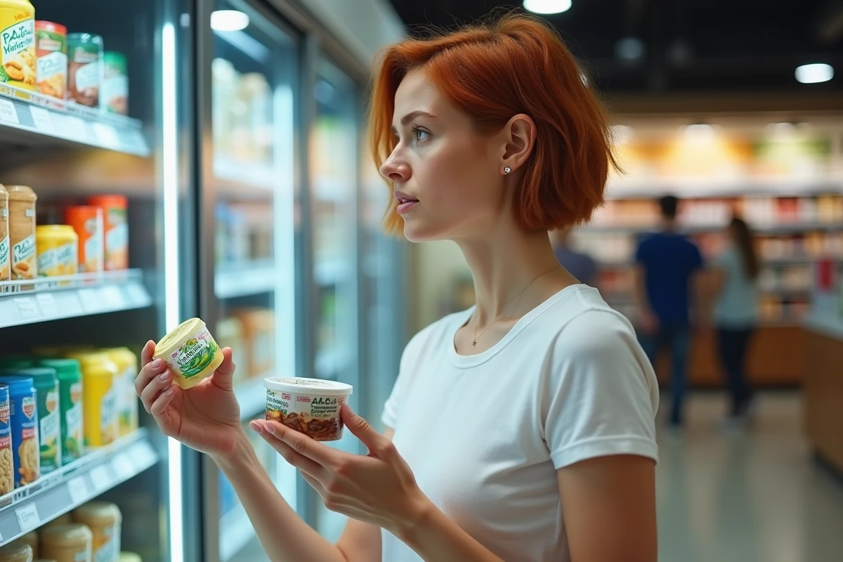 Femme comparant une margarine végétale oméga-3 et une crème d'amande en rayon de supermarché comme alternatives au beurre pour l'hypercholestérolémie