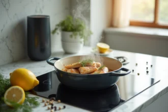 Choucroute aux poissons mijotant dans une casserole en céramique sur plaque à induction avec herbes fraîches et solutions anti-odeurs