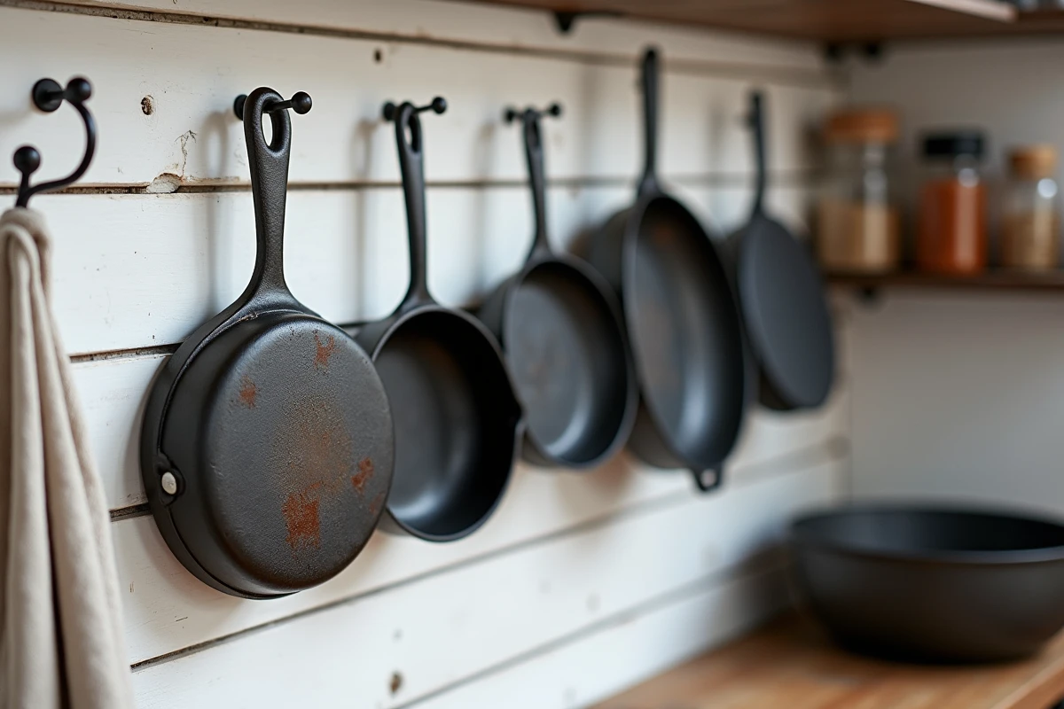Collection de poêles et ustensiles en fonte accrochés sur un mur de cuisine organisé