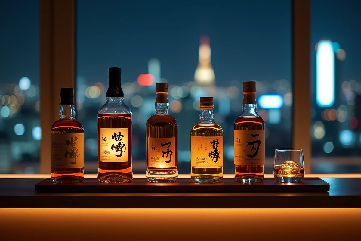 Collection de whiskys japonais rares exposée sur une étagère minimaliste avec vue sur les toits de Tokyo la nuit