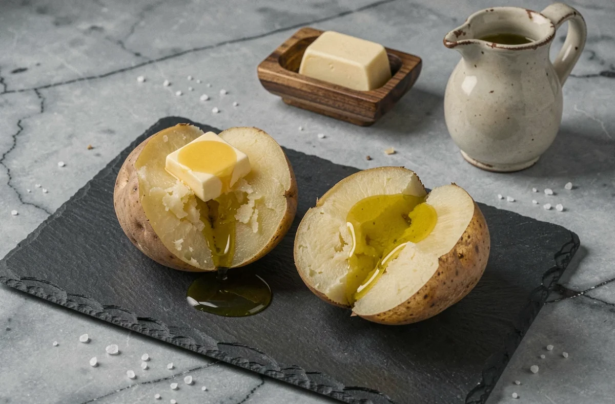 Comparaison pomme de terre au four avec beurre fondu et huile d'olive sur une ardoise de cuisine