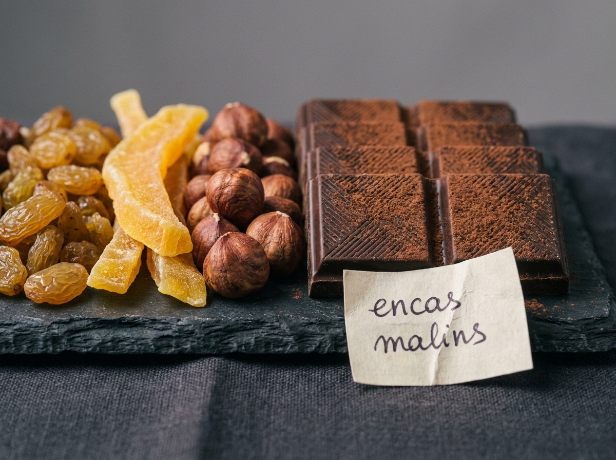 Comparaison visuelle entre fruits secs variés et chocolat noir artisanal sur une ardoise pour choisir le meilleur encas