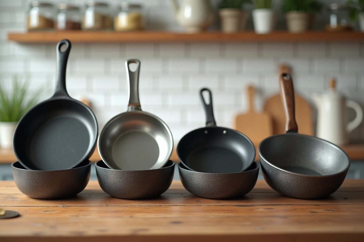 Comparaison de quatre poêles en différentes matières : fonte, inox, céramique et acier carbone posées sur un plan de travail en bois