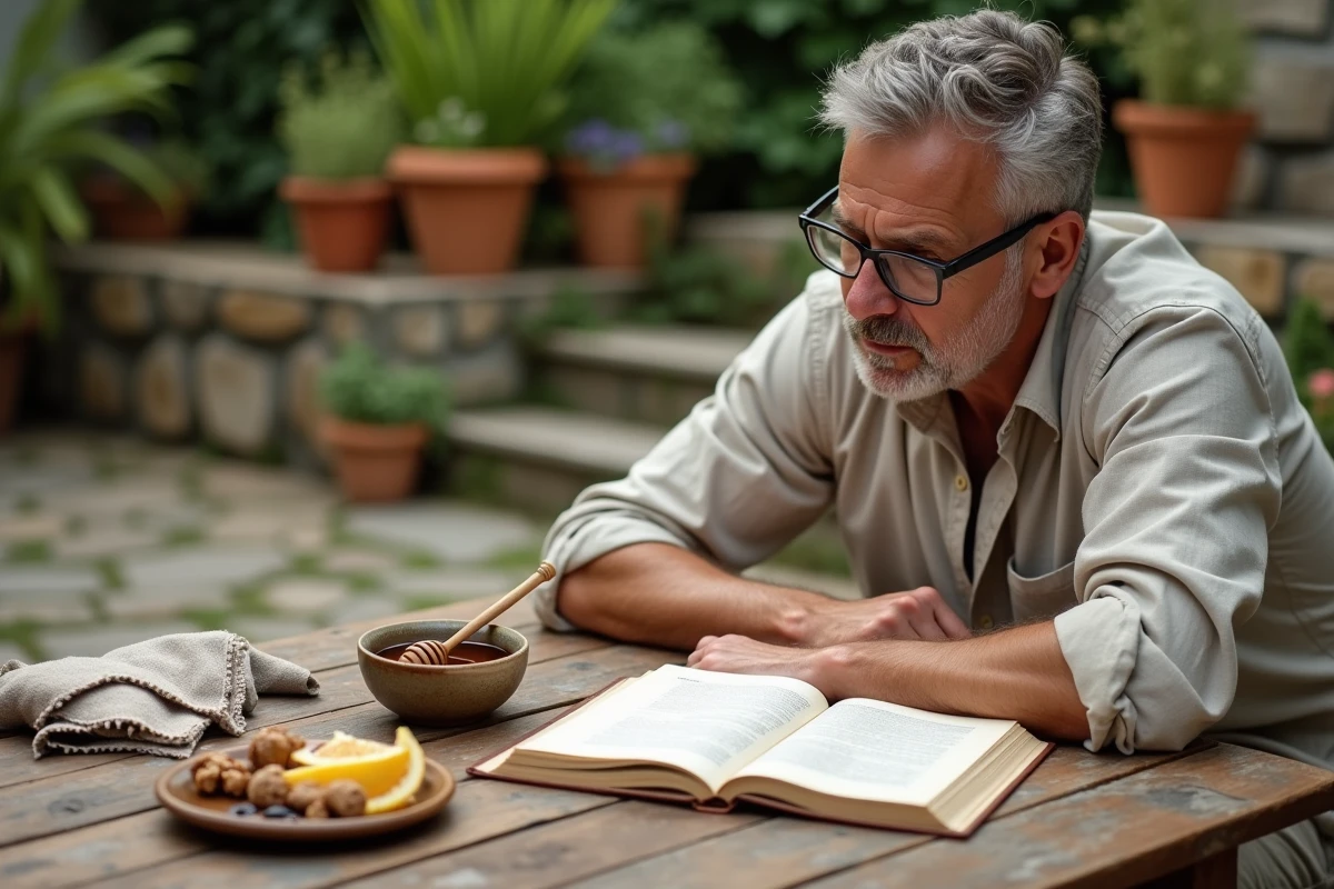 Homme consultant une étiquette de miel de manuka riche en antioxydants lors d'un petit-déjeuner en plein air dans un jardin méditerranéen