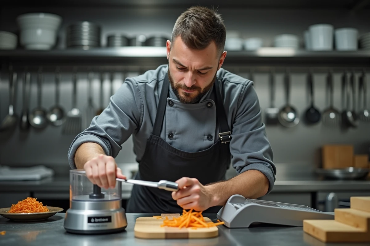 Chef professionnel comparant la lame julienne d'un robot culinaire avec une mandoline dans une cuisine professionnelle