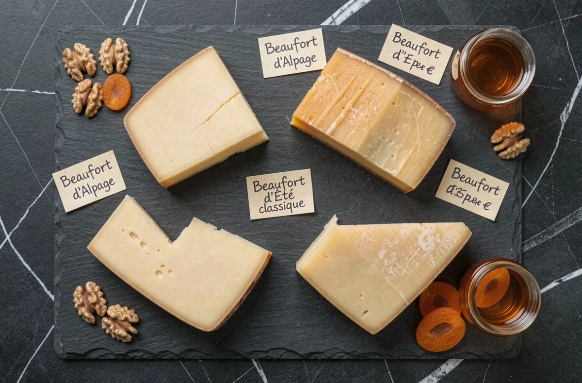 Comparatif de portions de Beaufort classique, d'été et d'alpage sur ardoise avec étiquettes prix au kilo pour illustrer les gammes tarifaires