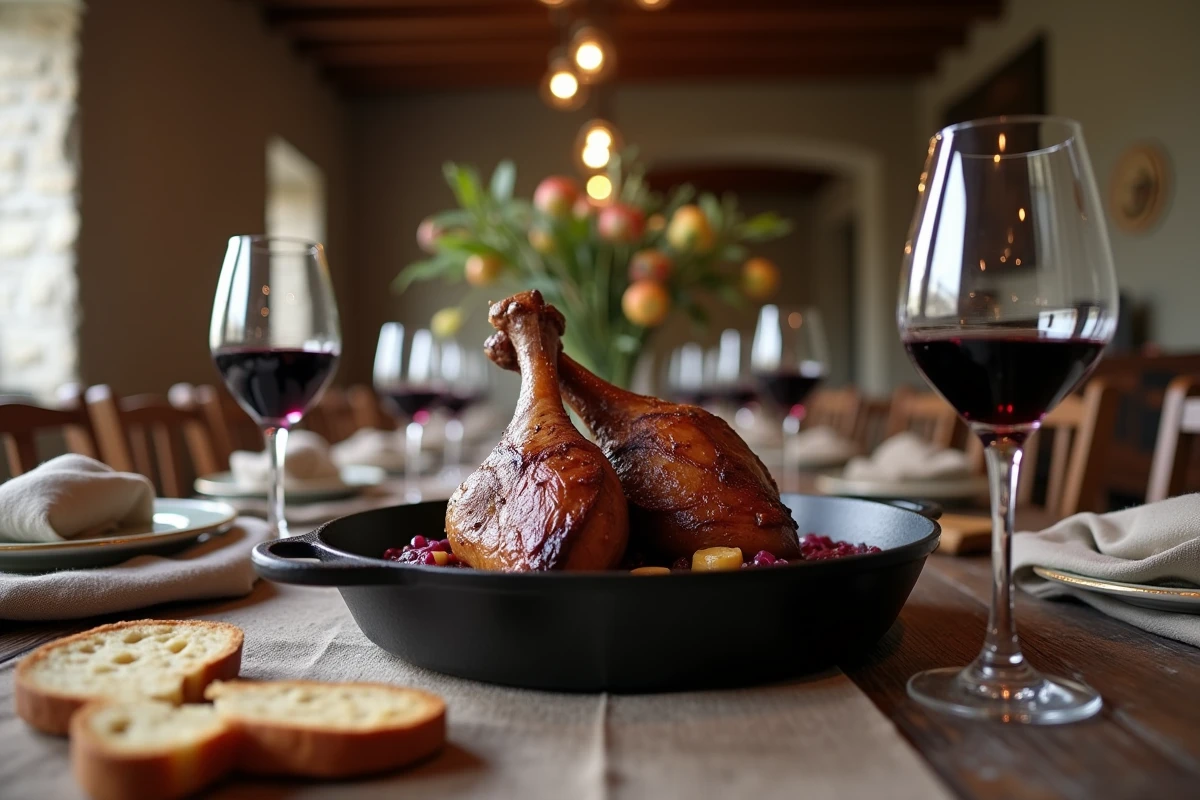 Table de dîner conviviale avec confit de canard au chou rouge caramélisé dans une poêle en fonte