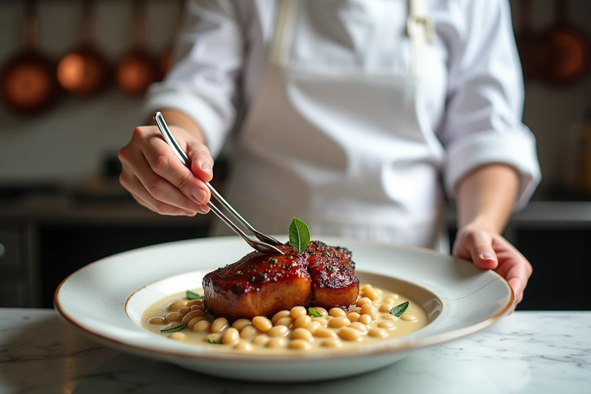 Chef plating un confit de canard avec des haricots blancs et sauge dans un bistrot français