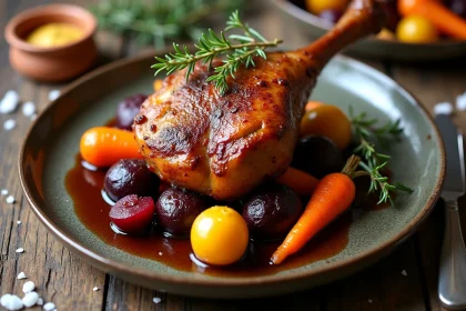 Confit de canard servi avec des légumes racines rôtis sur une assiette en céramique rustique, vue du dessus