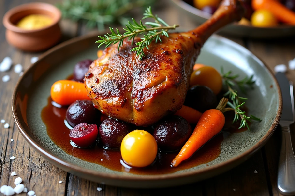 Confit de canard servi avec des légumes racines rôtis sur une assiette en céramique rustique, vue du dessus