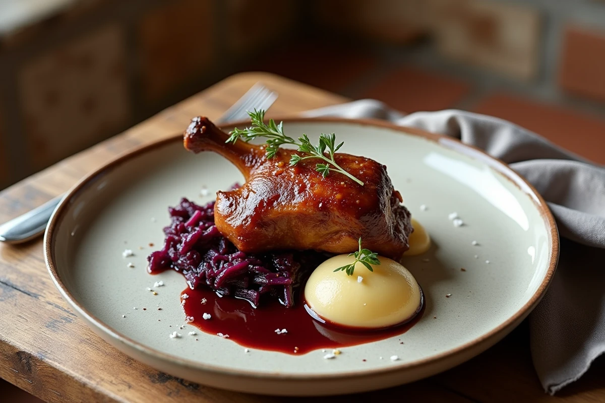 Assiette de confit de canard avec chou rouge braisé, purée crémeuse et gastrique de cerise sur une table en chêne rustique