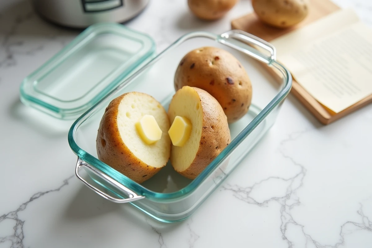 Pommes de terre au four en conservation dans un récipient en verre sur un plan de travail en marbre, prêtes pour le réchauffage