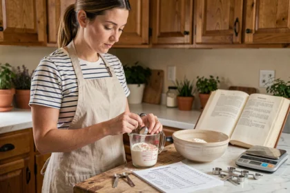 Femme mesurant de la farine avec une tasse américaine dans une cuisine en bois avec un tableau de conversion de recettes posé à côté