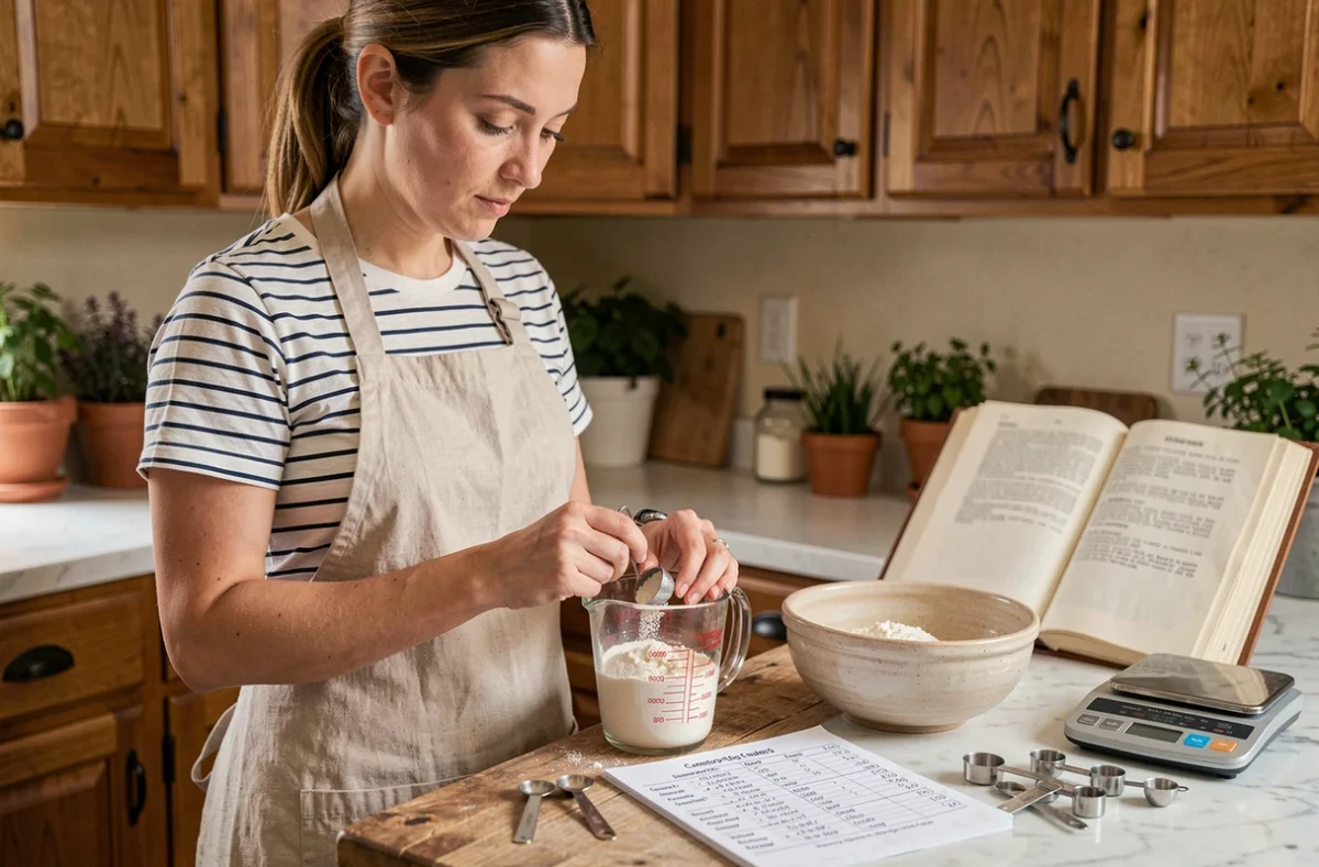Femme mesurant de la farine avec une tasse américaine dans une cuisine en bois avec un tableau de conversion de recettes posé à côté