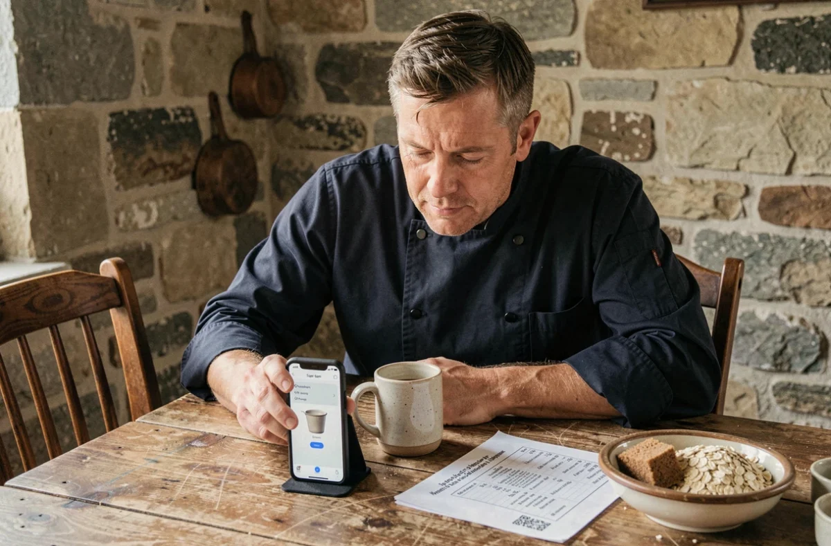 Homme consultant un convertisseur de cups en grammes sur smartphone à une table rustique avec une recette américaine imprimée