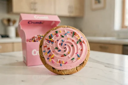 Gros plan d'un cookie Crumbl glacé rose avec des sprinkles colorés posé sur un comptoir en marbre blanc avec sa boîte rose signature