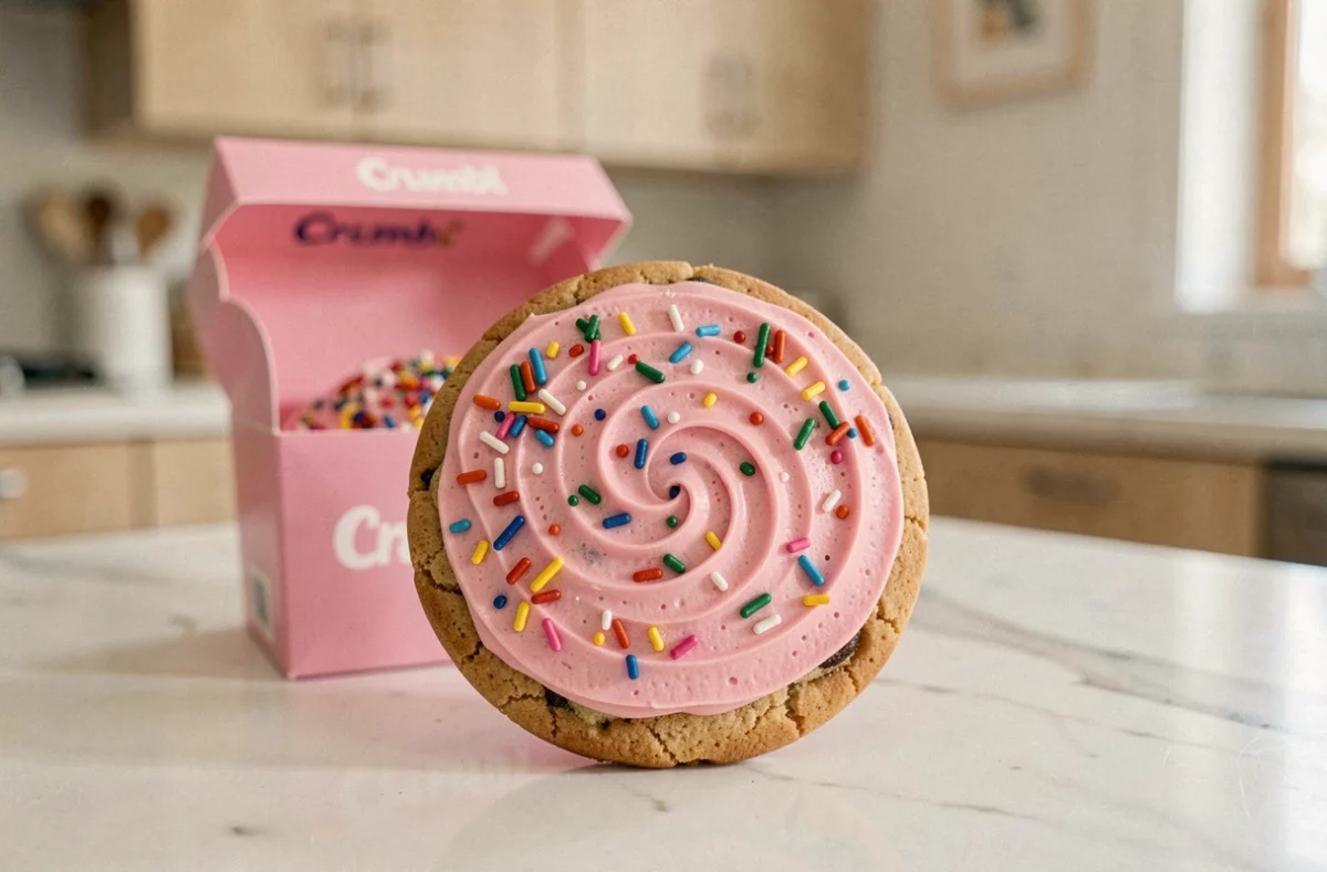 Gros plan d'un cookie Crumbl glacé rose avec des sprinkles colorés posé sur un comptoir en marbre blanc avec sa boîte rose signature