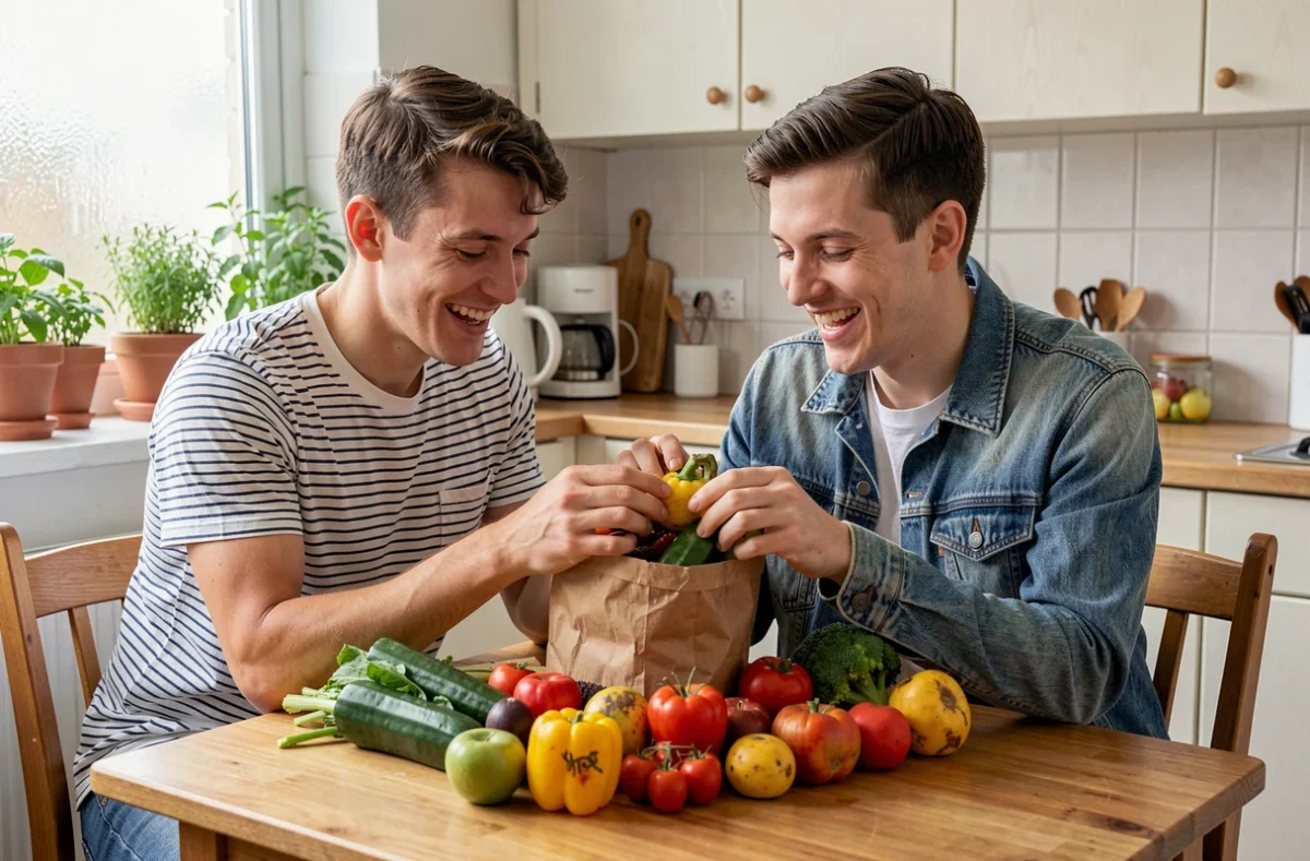 Jeune couple déballant des fruits et légumes invendus achetés à petit prix dans leur cuisine