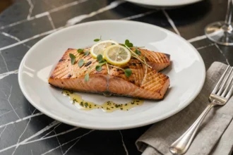 Filet de saumon au four avec peau croustillante dressé sur assiette blanche, garni de micro-pousses et d'huile aux herbes dorée