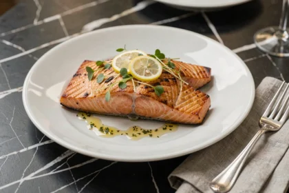 Filet de saumon au four avec peau croustillante dressé sur assiette blanche, garni de micro-pousses et d'huile aux herbes dorée