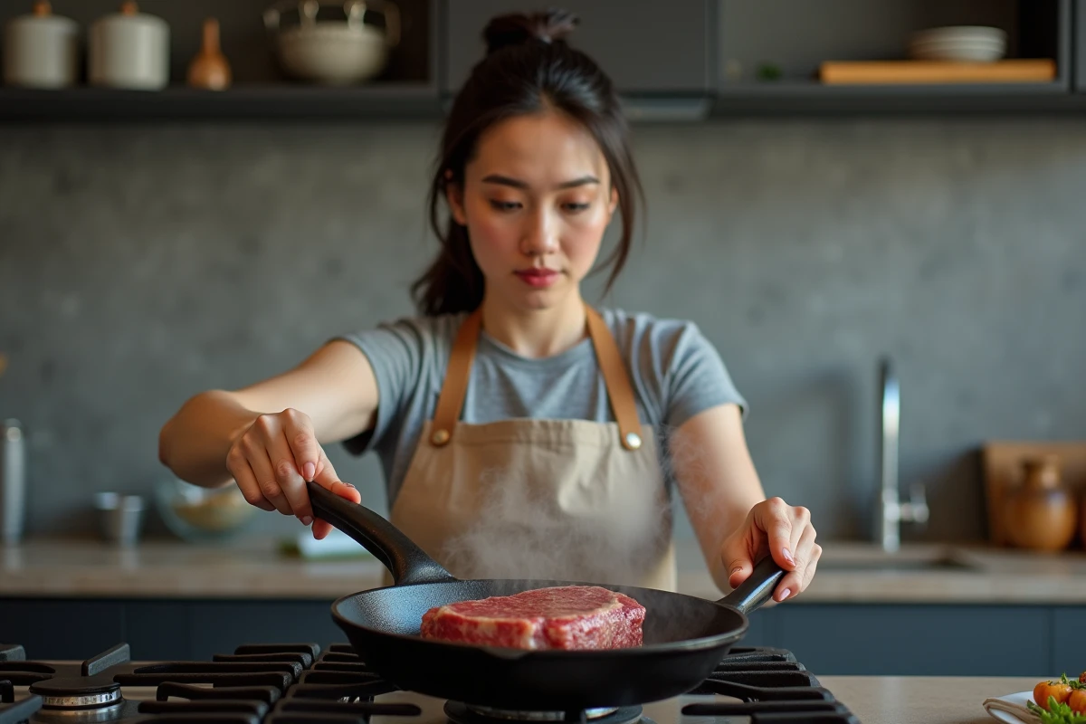 Femme cuisinant un steak dans une poêle en fonte sur gazinière dans une cuisine moderne