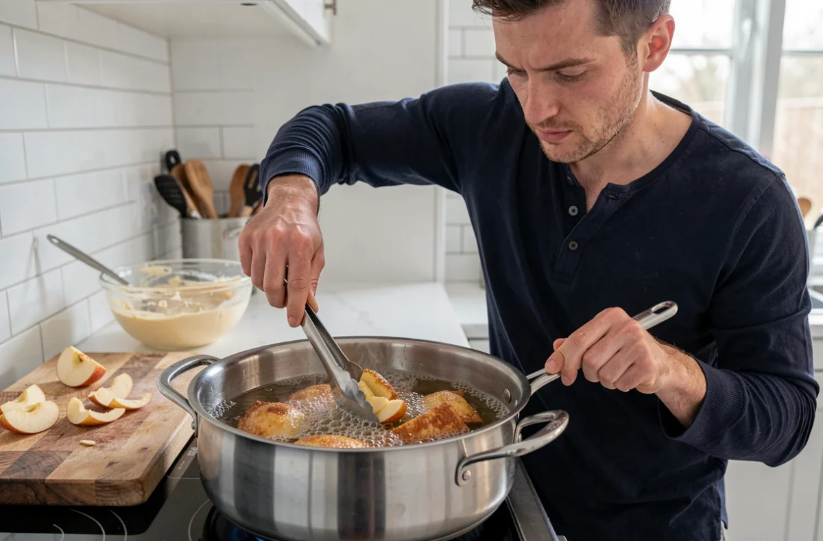 Homme faisant frire des beignets aux pommes dans une casserole d'huile avec des pinces dans une cuisine moderne