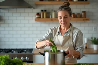 Femme versant des haricots verts frais dans une cocotte-minute en inox sur une cuisinière moderne