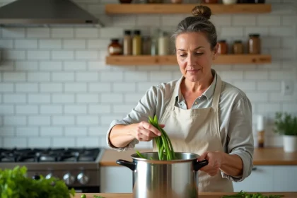 Femme versant des haricots verts frais dans une cocotte-minute en inox sur une cuisinière moderne