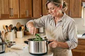 Femme versant des haricots verts frais dans une cocotte-minute sur un plan de travail en marbre