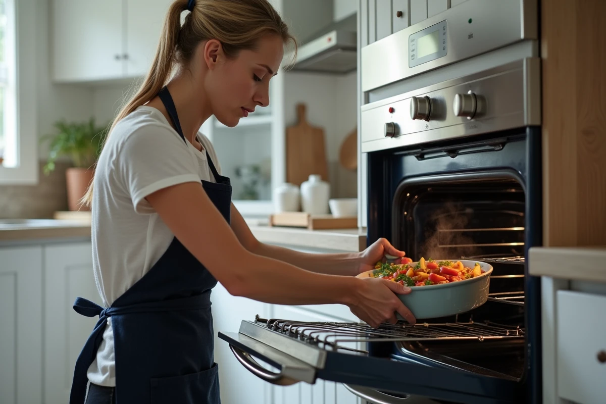 Femme plaçant un plat avec de l'eau dans un four pour cuire à la vapeur des légumes