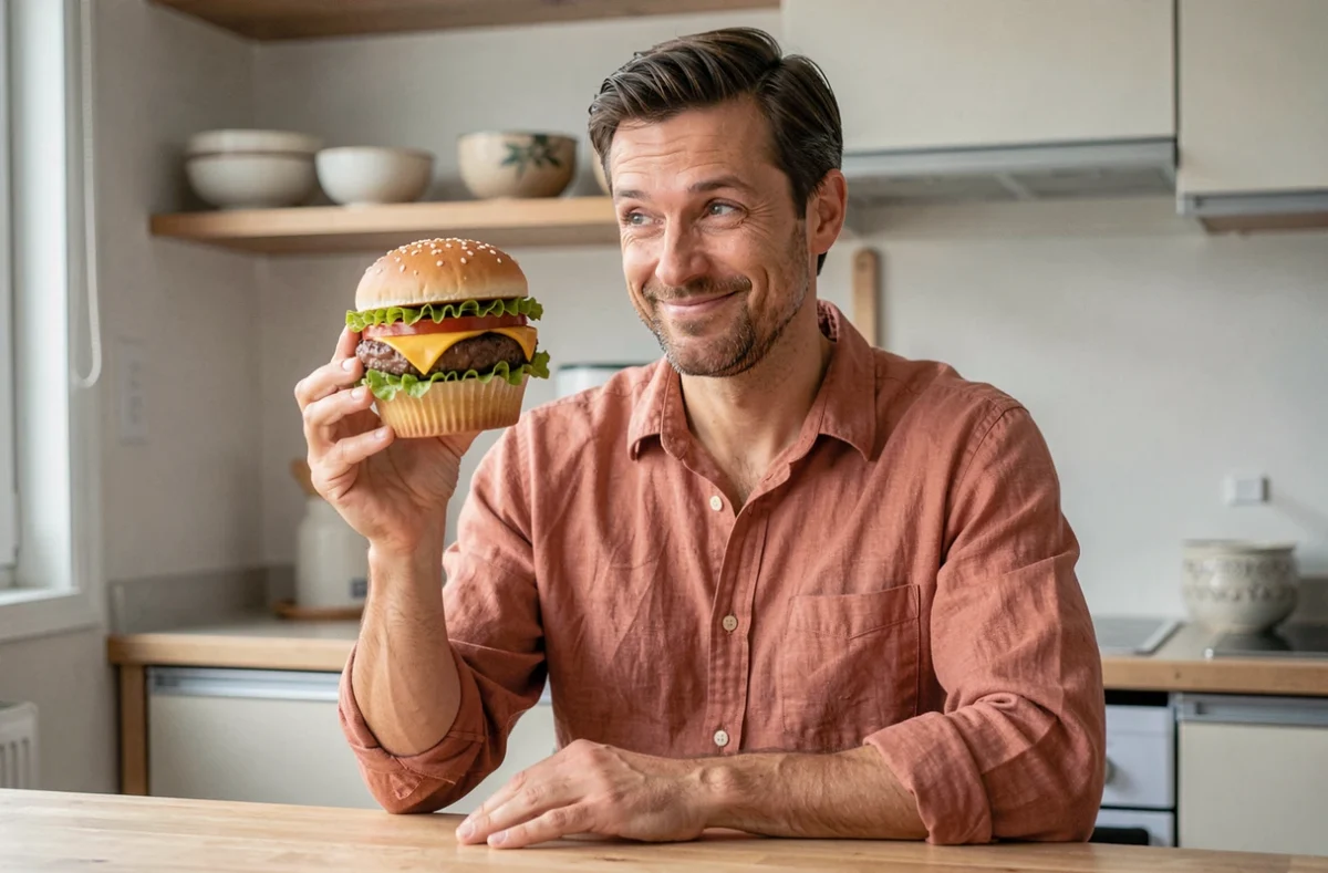 Homme tenant fièrement un cupcake trompe l'œil en forme de hamburger réalisé sans équipement professionnel