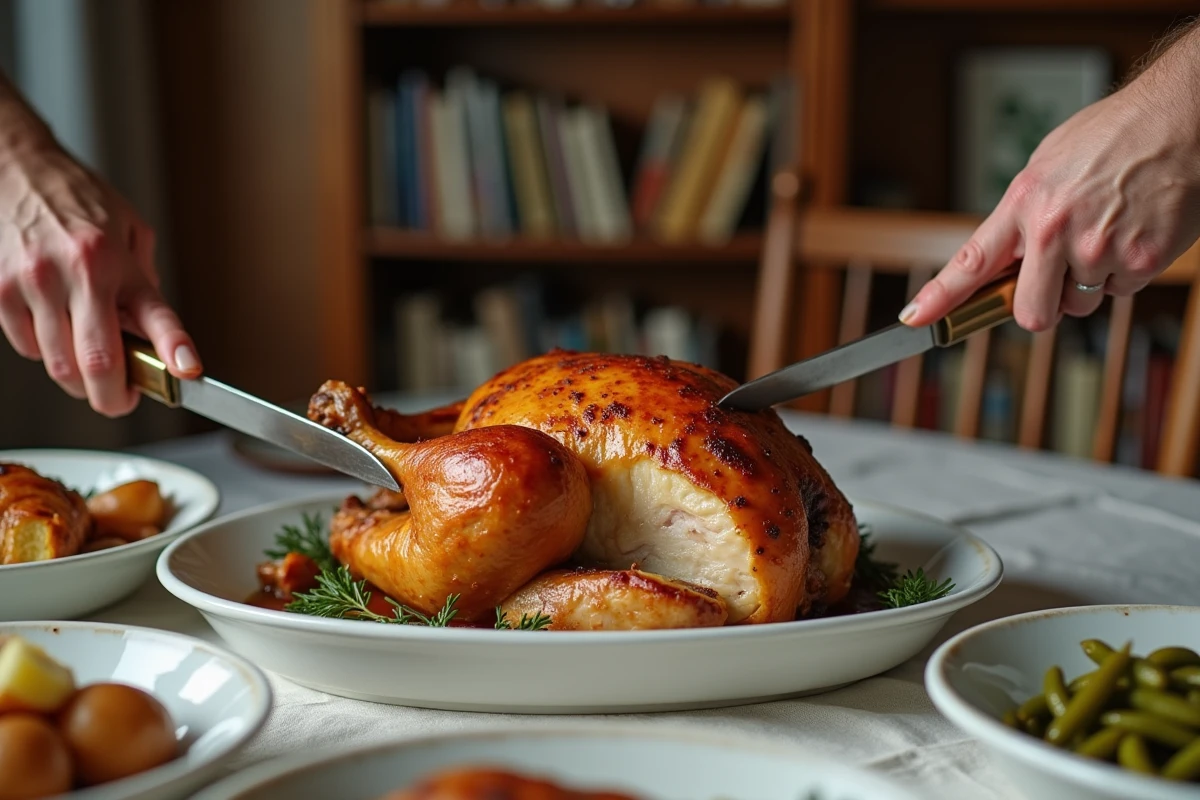 Découpe d'un poulet rôti sur un plat en céramique blanche entouré de légumes lors d'un repas en famille