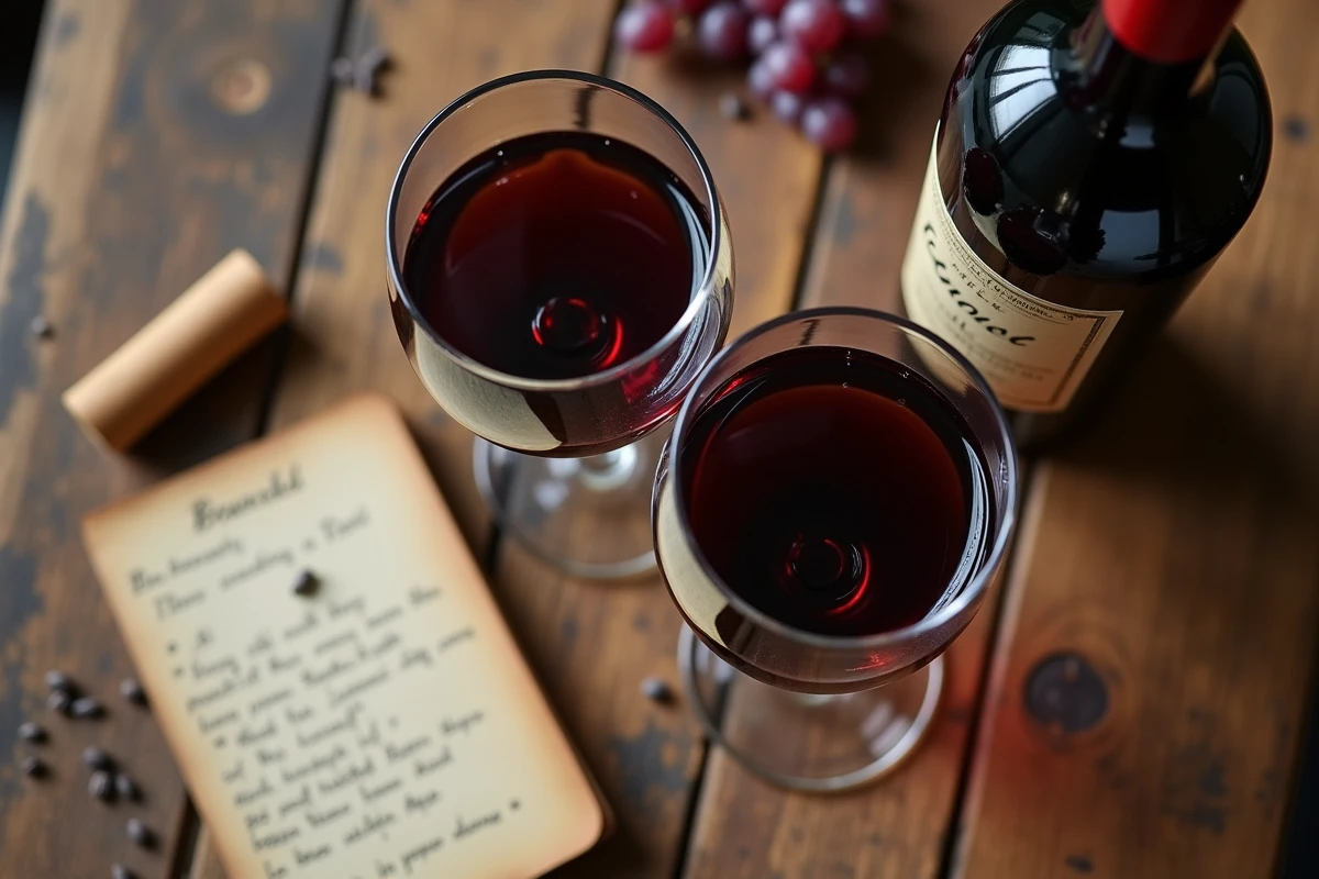 Vue du dessus d'une dégustation de vin de 40 ans avec deux verres de Bordeaux, bouteille ancienne et notes de dégustation manuscrites sur table en bois