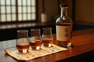 Dégustation de whisky japonais dans un bar traditionnel avec trois verres Glencairn et une bouteille étiquetée en kanji