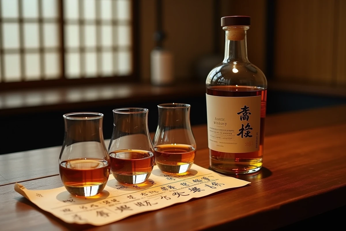 Dégustation de whisky japonais dans un bar traditionnel avec trois verres Glencairn et une bouteille étiquetée en kanji