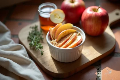 Dessert léger aux pommes sans sucre raffiné dans un ramequin en céramique blanche sur planche en bois rustique avec miel et cannelle
