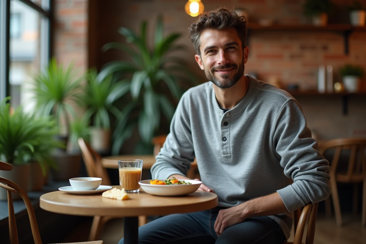 Homme attablé dans un café avec un repas végétarien et un bol végétalien, illustrant la différence entre les deux régimes alimentaires