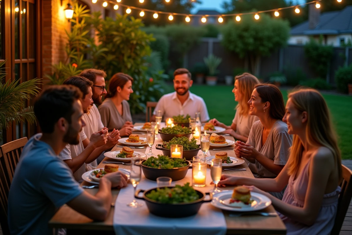 Dîner convivial en plein air sur une terrasse pour dix personnes avec des plats simples et rapides
