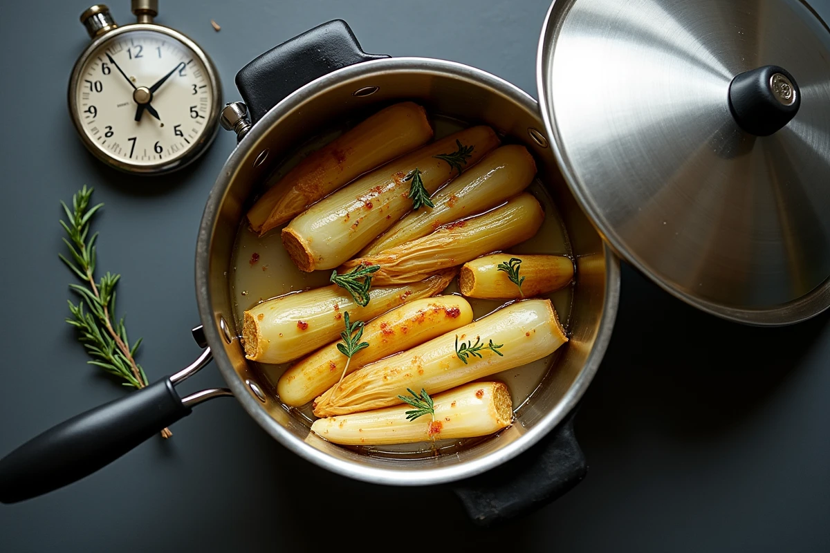 Endives braisées dorées dans une cocotte minute ouverte avec minuteur de cuisine sur fond de table noire