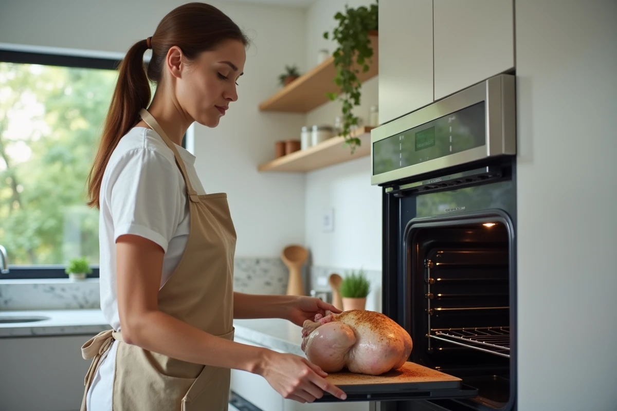 Femme enfournant un poulet cru dans un four domestique moderne, tablier en lin beige