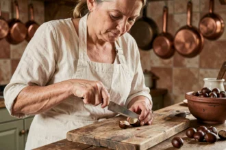 Femme épluchant une châtaigne à cru avec un couteau dans une cuisine rustique française