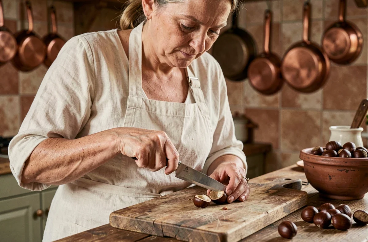 Femme épluchant une châtaigne à cru avec un couteau dans une cuisine rustique française