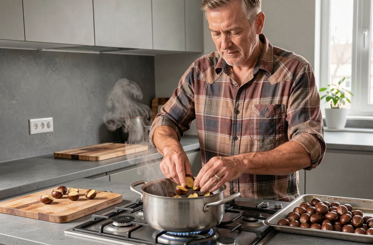 Homme pelant des châtaignes cuites à la vapeur avec les doigts dans une cuisine moderne