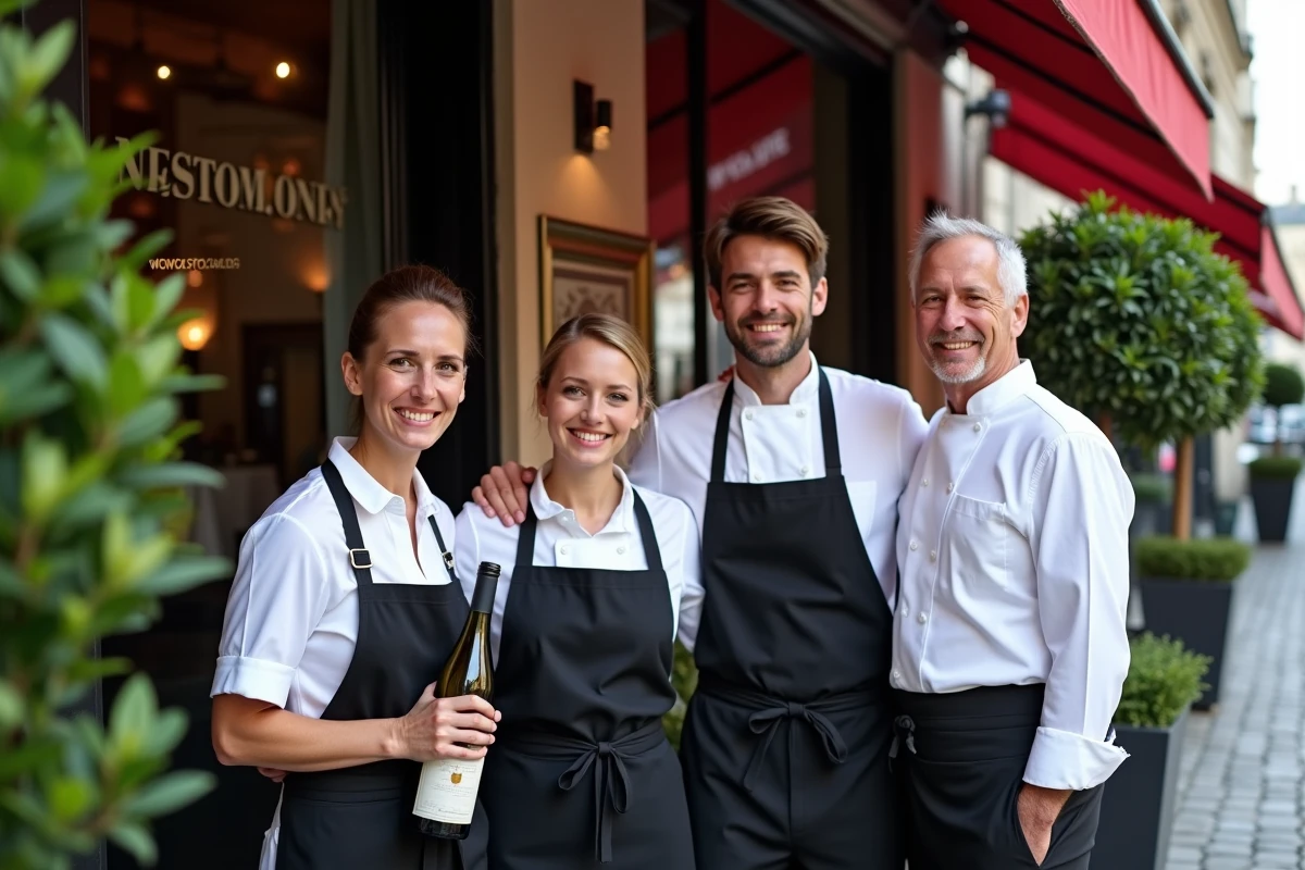 Équipe de restaurant fêtant l'obtention d'une étoile devant la façade de leur établissement